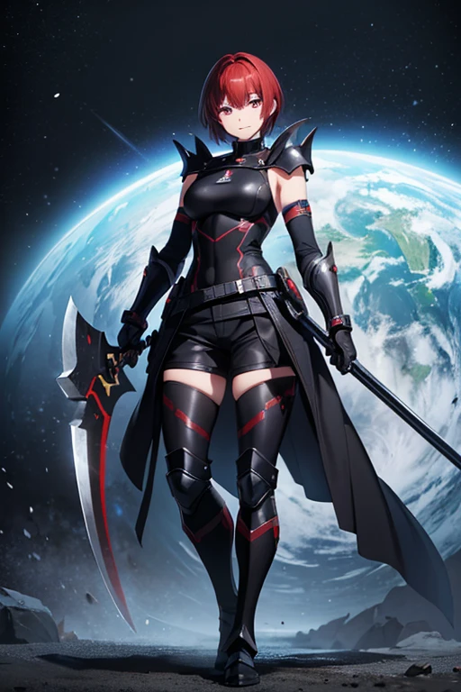 Anime Art、Full body portrait、Black heavy warrior of space sci-fi、A well-built woman, about 34 years old, about 175cm tall, wearing black armor and shorts, carrying a large axe、A strong smile、Short medium hairstyle、Red hair、Silver Eyes、Arm guard、Leggers、gloves、Flat chest