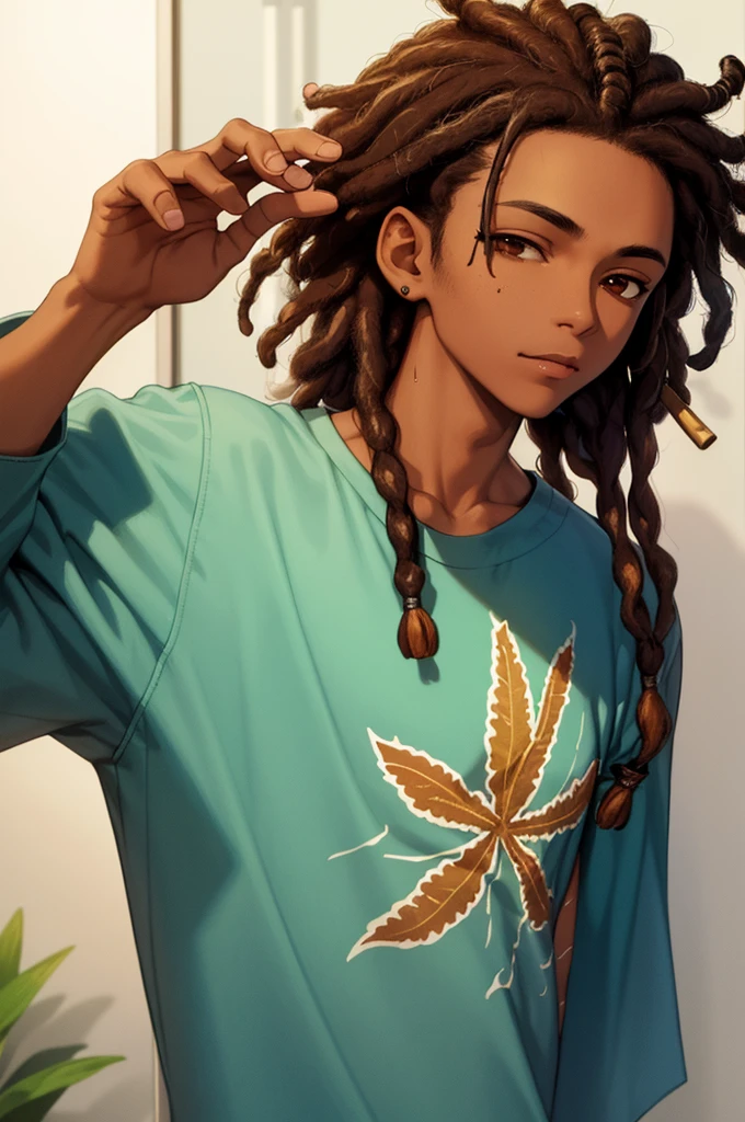 1boy, solo, blunt in hand, hawaiin shirt, brown skin color, messy look, black hair, ((dreadlock hairstyle)), brown eyes, masterpiece, best quality, high quality, upper body, male focus,