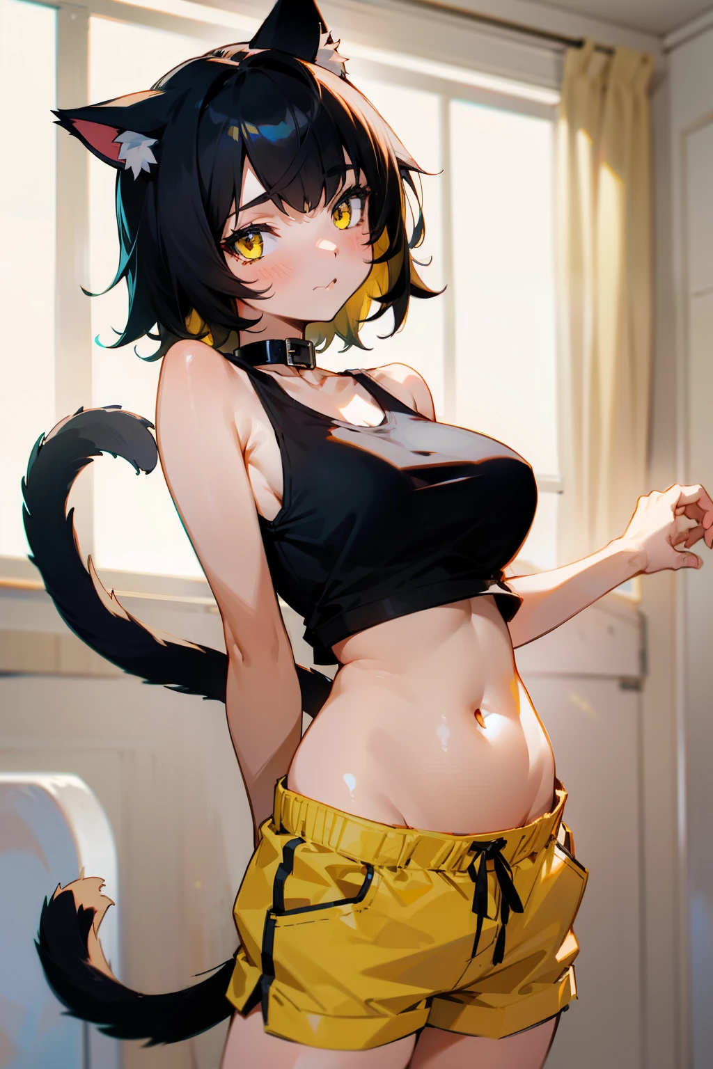 Cute girl, short black hair, cat ears, cat collar, cat tail, yellow eyes, tank top, short pants, big breasts, exposed belly