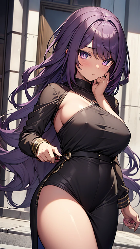 {{An unidentified creature that kills women and transforms into a spitting image to take their place}}, cute brown skin girl, Sexy Body, wavy purple hair [Shades of black], Golden Eyes (Shiny), ultra-realistic eyes, With a pistol, Jumping, Sniper Equipment, Rating Riot Games, Round face, Realistic lighting, Radio City, close. NSFW