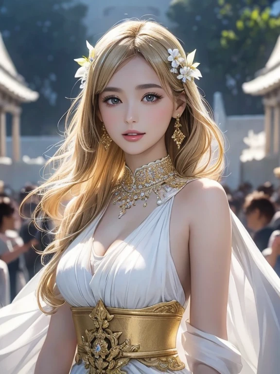 (Highest quality,Super detailed,High resolution,masterpiece,8K),Bright and vibrant colors,Official artwork,Greek white costume,Stylish makeup,Mid-length, shiny blonde hair fluttering in the wind,Captivating eyes,Glossy Lips,Beautiful woman with ample breasts,Beautiful neck line, Holding,Captivating smile,whole body,A solemn atmosphere,Old Temple,flower,pigeon,,Detailed CG,