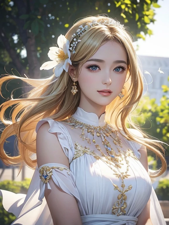(Highest quality,Super detailed,High resolution,masterpiece,8K),Bright and vibrant colors,Official artwork,Greek white costume,Stylish makeup,Mid-length, shiny blonde hair fluttering in the wind,Captivating eyes,Glossy Lips,Beautiful woman with ample breasts,Beautiful neck line, Holding,Captivating smile,whole body,A solemn atmosphere,Old Temple,flower,pigeon,,Detailed CG,