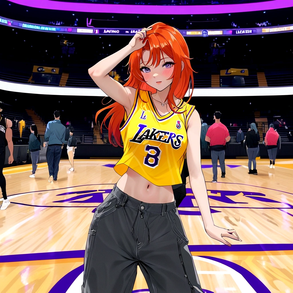 Occupation: College student and Lakers superfanAppearance: Young woman with long red hair, athletic build, and a pierced navel. She has a mischievous yet confident expression on her face.Clothing: Wearing a yellow Lakers jersey (#88) cropped to expose her midriff, and loose-fitting gray jeans