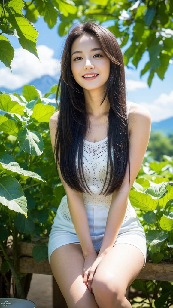 ((best quality, 8k, masterpiece:1.3)), a beautiful girl, pure, melon face, gentle and cute, thin figure, (frontal), (tilted head), looking directly into the camera, [detached sleeves::0], [collared shirt::0], [capri pants::0], black silky long straight hair, long hair flowing over the shoulders, round black big eyes, clear big eyes, moist red lips, sweet smile, sitting, hands on knees, Blue sky and white clouds, sunshine, Strawberry Garden, mountain peaks, northern view of Thailand