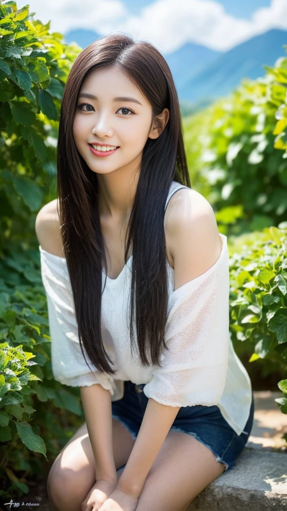 ((best quality, 8k, masterpiece:1.3)), a beautiful girl, pure, melon face, gentle and cute, thin figure, (frontal), (tilted head), looking directly into the camera, [detached sleeves::0], [collared shirt::0], [capri pants::0], black silky long straight hair, long hair flowing over the shoulders, round black big eyes, clear big eyes, moist red lips, sweet smile, sitting, hands on knees, Blue sky and white clouds, sunshine, Strawberry Garden, mountain peaks, northern view of Thailand