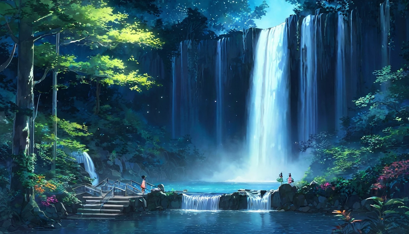 A fantastic night view with the light of the full moon gently illuminating the central waterfall.。The waterfall shines silver、The dark forest that surrounds it is filled with colorful, luminous plants and creatures.。The whole forest shines like magic、It creates a mysterious and fantastical atmosphere.。The waterfall's spray reflects the light of the full moon.、Fireflies dancing wildly、A beautiful sight, as if the stars were twinkling。Fantasy art that combines nature and magic。