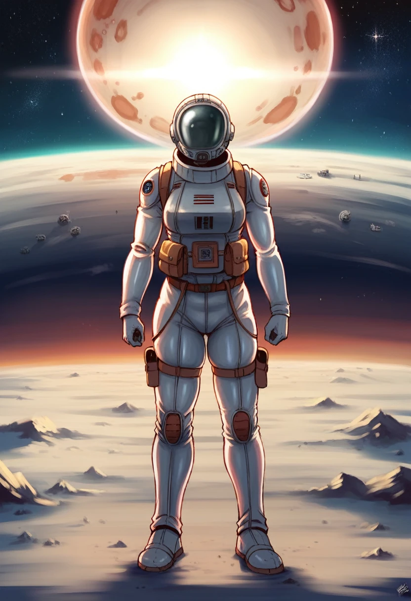Masterpiece, a beautiful 25 years old european blonde woman, solitary female astronaut, desolated planet landscape, space and stars, electric atmosphere, utility belt, Metallic Gray Zinc, sci-fi, ultra high res.photorealistic, 16k, UHD, HDR, the best quality, body-tight astronaut suit, intricate, the most fantastic details, RAW, dramatic lighting, full body, space ships in the sky, realistic reflections, sunrise, to scale, , determined, dynamic posture, a space military compound in the background