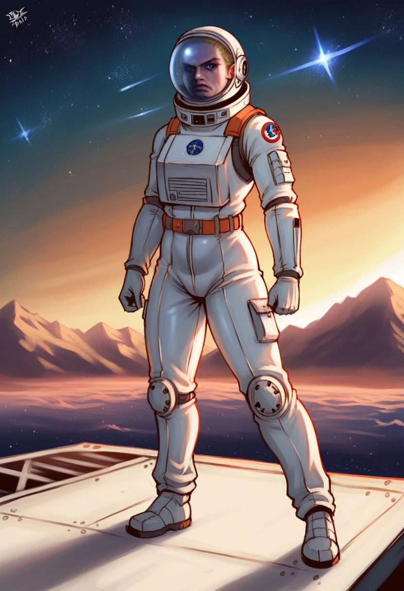 Masterpiece, a beautiful 25 years old european blonde woman, solitary female astronaut, desolated planet landscape, space and stars, electric atmosphere, utility belt, Metallic Gray Zinc, sci-fi, ultra high res.photorealistic, 16k, UHD, HDR, the best quality, body-tight astronaut suit, intricate, the most fantastic details, RAW, dramatic lighting, full body, space ships in the sky, realistic reflections, sunrise, to scale, , determined, dynamic posture, a space military compound in the background