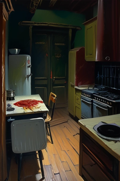 painting of a interior of a USSR kitchen, in the foreground there is a bedside table, a door open into the room, a chair, a table, an electric stove, painting by Ilya Repin, Stefan Koidl, Piotr Jabłoński, Betty Jiang, BASTIEN LECOUFFE DEHARME, Igor Krstic, smooth painting, Stefan Koidl, Igor Krstic and Ilya Repin, Stefan Koidl details, night, horror atmosphere, dynamic rhythm and movement in figure painting and composition, world building, novosibirsk, russsia, USSR, Soviet kitchen, smooth painting, (Amazing Artwork:1.1), Phenomenal Aesthetics, Gorgeous graphics (masterpiece, best quality:1.3) ), (artstation:1.3), (hdr:1.4), (dark shot:0.8), Cinematic, Detailed, Perfect Composition, Masterpiece, trending on artstation, behance contest winner, trending on ArtStation, hdr, masterpiece, best quality, 8k