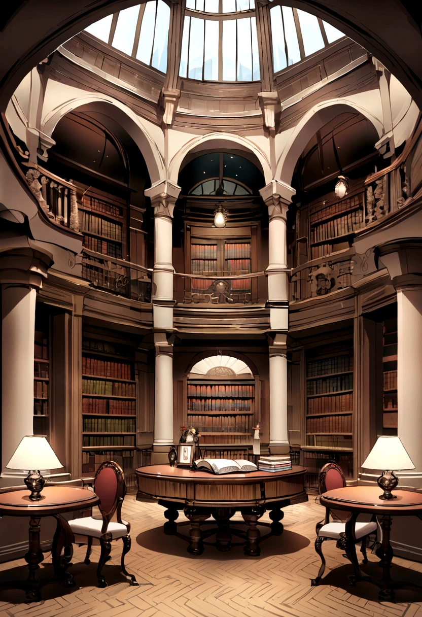 Outstanding,Inside the European style building,The background is a library.,There is a transparent window on the wall.,There are European style lamps on both sides.,There are escalators on the left and right.,There is a table in front.,There is an open book on the table.