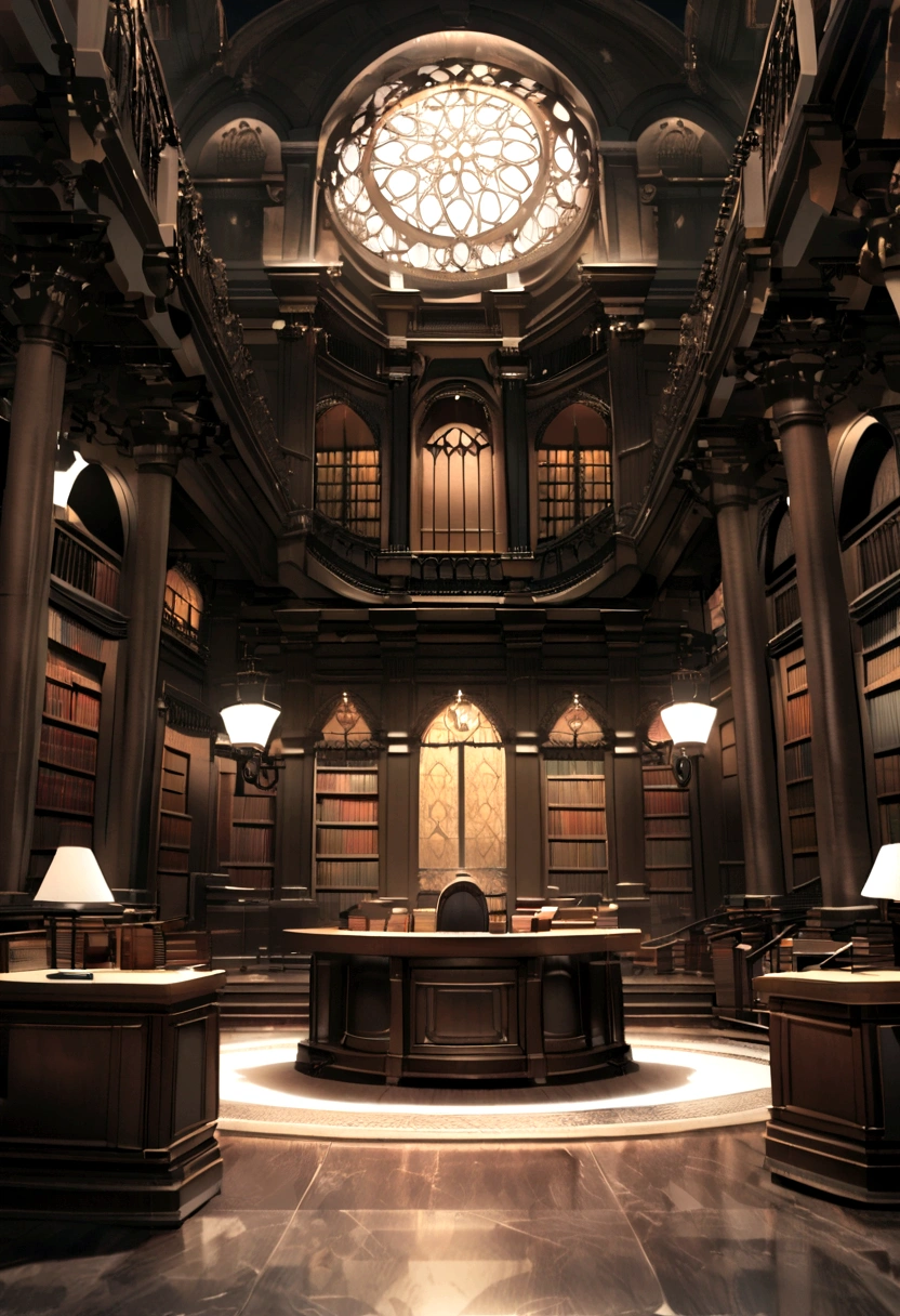 Outstanding，Inside the European style building，The background is a library.，There is a transparent window on the wall.，There are European style lamps on both sides.，There are escalators on the left and right.，There is a table in front.，There is an open book on the table.