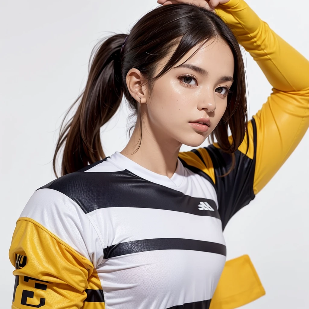 Design a jersey for me. On the front, on a white background, there are large stripes starting from the chest to the hem. On the back, on the back, on the same bright yellow background, the number 7, extending from the shoulder to the hem, is written in capital letters