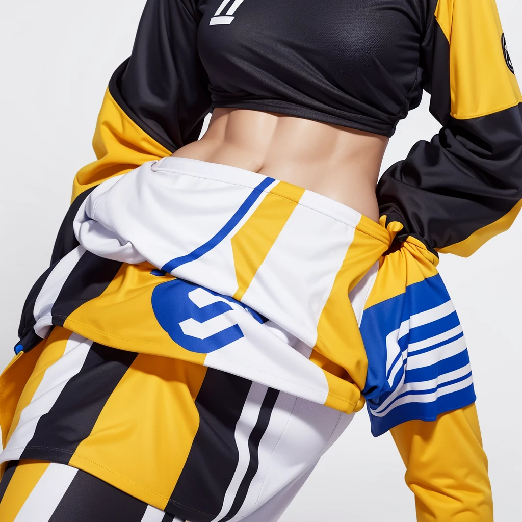 Design a jersey for me. On the front, on a white background, there are large stripes starting from the chest to the hem. On the back, on the back, on the same bright yellow background, the number 7, extending from the shoulder to the hem, is written in capital letters