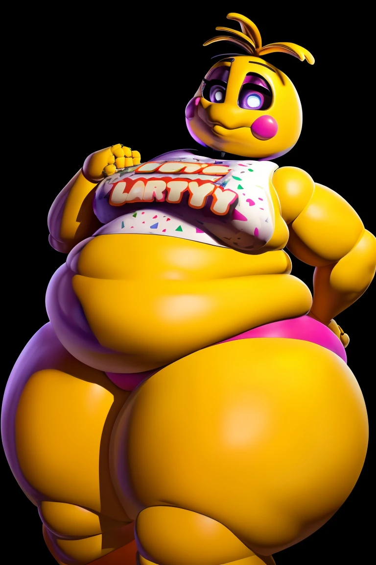 Chica from Five Nights at Freddy's, ((insanely big thighs)), ((fat rolls on hips)), ((gigantic hips)), (thin upper body), (massive lower body), thighs several times wider than body, thighs occupy most of frame, ((looking down at her own thighs), ((obese)), ((ssbbw)), (eyes wide), (1eyebrow raised), (clear face), shocked expression