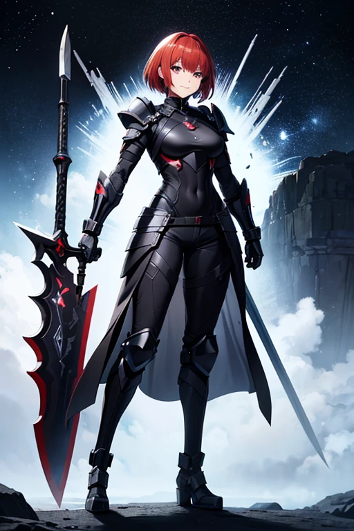 Anime Art、Full body portrait、Black heavy warrior of space sci-fi、A well-built woman, about 34 years old, about 175cm tall, wearing black armor and shorts, carrying a large axe、A strong smile、Short medium hairstyle、Red hair、Silver Eyes、Arm guard、Leggers、gloves、Flat chest