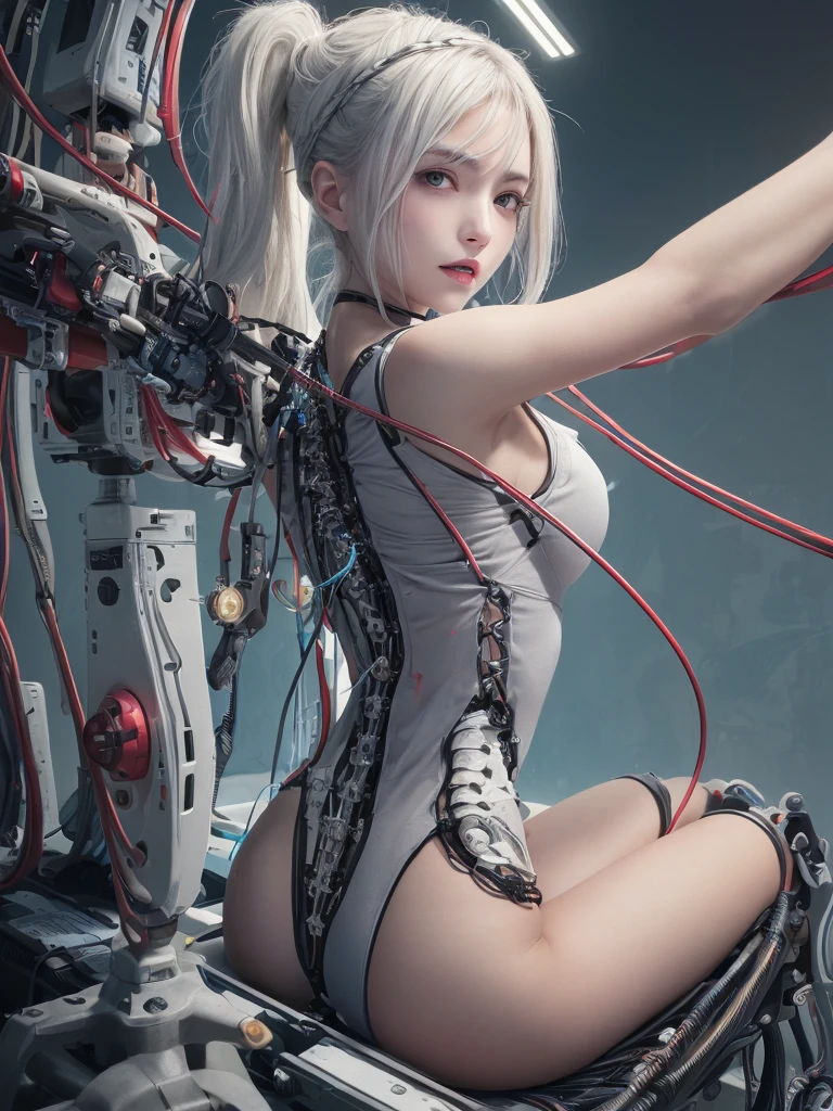 ((((masterpiece))), ((best quality))), ((ultra-detailed)), (CG illustration), ((an extremely delicate and beautiful)),(from side),cinematic light, ((1 mechanical girl)), single, full-body, (machine-made joint: 1.2), ( (mechanical limbs)), (blood vessels connected to tubes), (mechanical spine connected to back), ((mechanical cervical vertebrae attached to neck)), (sitting), forced laughter, (wires and cables around the neck: 1.2), (wires and cables on the head: 1.2) (character focus), sci-fi, extremely thin, colored, the finest white hair, red eyes, in battle, (knotted), (killing), (1 immortal)