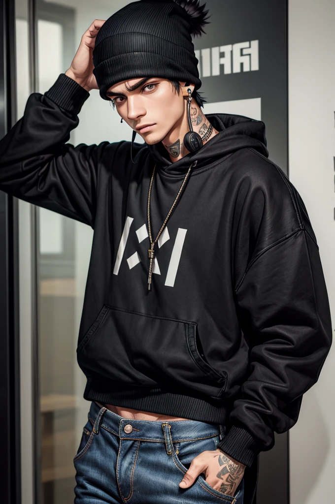 (best quality) (detail), 1 guy, thin, manly, punk, black oversize sweater, baggy jeans, Beanie hat, headphone in neck, dark, piercing, black hair