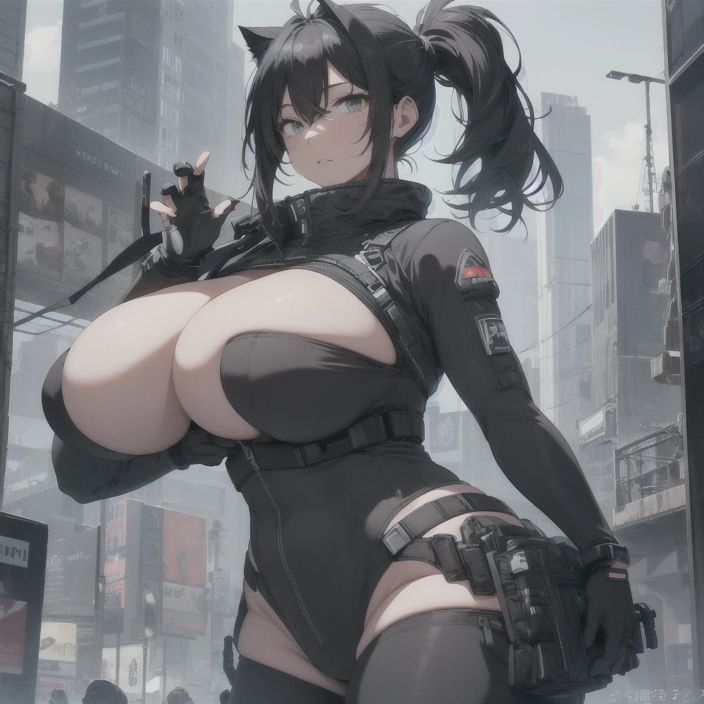 Absurd resolution, high resolution, (masterpiece: 1.4), hyper-detail, full body shot, full frontal camera perspective, solo, 1 kemono feline cat woman, humanoid, no skin other than neck and head shown, black hair, messy ponytail, cute face, detailed soft grey luminous eyes, huge massive hyper super swollen heavy breasts, breasts so big that cover her whole torso and are bigger than her head while being so big they reach her belly button, extremely super large swollen perky heavy bust, super huge enormously gigantic tits, gigantic breasts stretching/straining out of her outfit looking like they are about to burst out, breasts compressed squishing barely contained in outfit, inflated breasts, breasts_expansion, super gigantic swollen heavy tits, wide full hips, narrower torso and shoulders, smaller torso, narrower waist, full thicc big soft thighs, thicc thighs, big rounded full soft butt, thicc butt, ruggedized utility styled outfit, fully insulated suit, full body outfit coverage with no skin showing or revealed, airtight/watertight zippers and seals, scifi monochrome black and grey fullbody covering protective padding rugged loose-fitted pilot utility suit with strategically placed protective padding, white zipped utility cropped top for breasts support with a black strap horizontal across cleavage worn on top of suit, tactical strategic angular-patterned protective padding on hips and thighs and abdomen, practical/functional clothing, weather-proof durable clothing material, nylon clothing material, custom made clothing to fit and support large breasts, scifi padded rugged rigid high collar techwear jacket, armored high collar, white and black triangular decals and techwear iconography on apparel and clothing, techwear gloves, arm mounted strapped display scifi tablet/communication device/computer, ruggedized tech, ruggedized tech aesthetic, fitted utility pants, utility chaps, near future scifi, cyberpunk aesthetic, anime aesthetic, tactical aesthetic