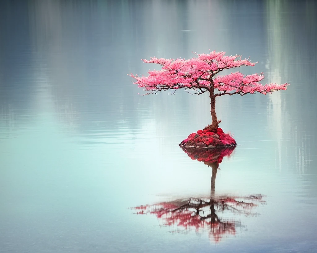 There is a small tree sitting on a rock in the water, The tree is located on a calm sea., There is a pink tree next to the big lake, Floating Tree, red reflections, Pink Bonsai Tree, in a Tranquil scenery, Tranquil scenery, Red and blue reflections, Amazingly beautiful trees, Breathtakingly beautiful trees, Pink reflection