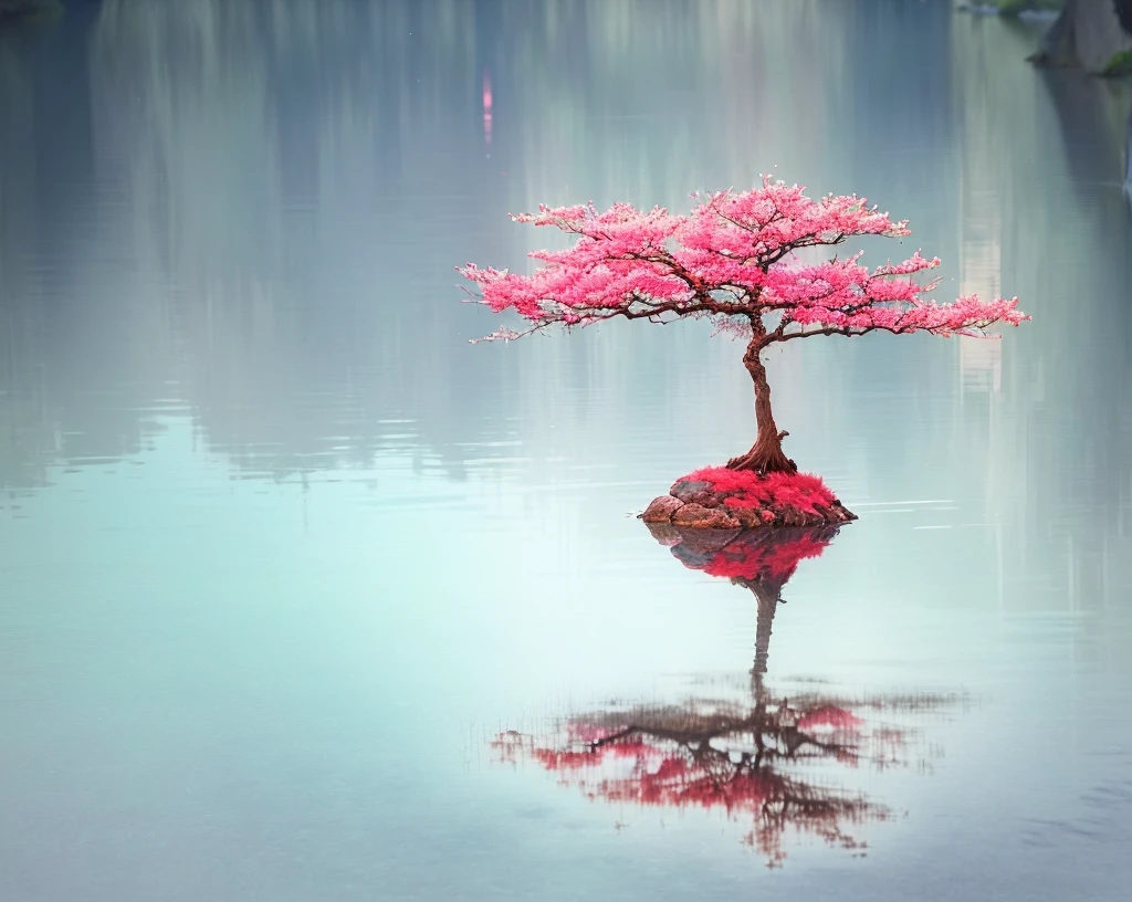 There is a small tree sitting on a rock in the water, The tree is located on a calm sea., There is a pink tree next to the big lake, Floating Tree, red reflections, Pink Bonsai Tree, in a Tranquil scenery, Tranquil scenery, Red and blue reflections, Amazingly beautiful trees, Breathtakingly beautiful trees, Pink reflection