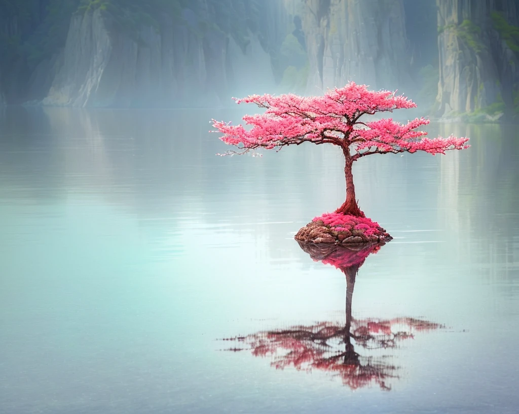 There is a small tree sitting on a rock in the water, The tree is located on a calm sea., There is a pink tree next to the big lake, Floating Tree, red reflections, Pink Bonsai Tree, in a Tranquil scenery, Tranquil scenery, Red and blue reflections, Amazingly beautiful trees, Breathtakingly beautiful trees, Pink reflection