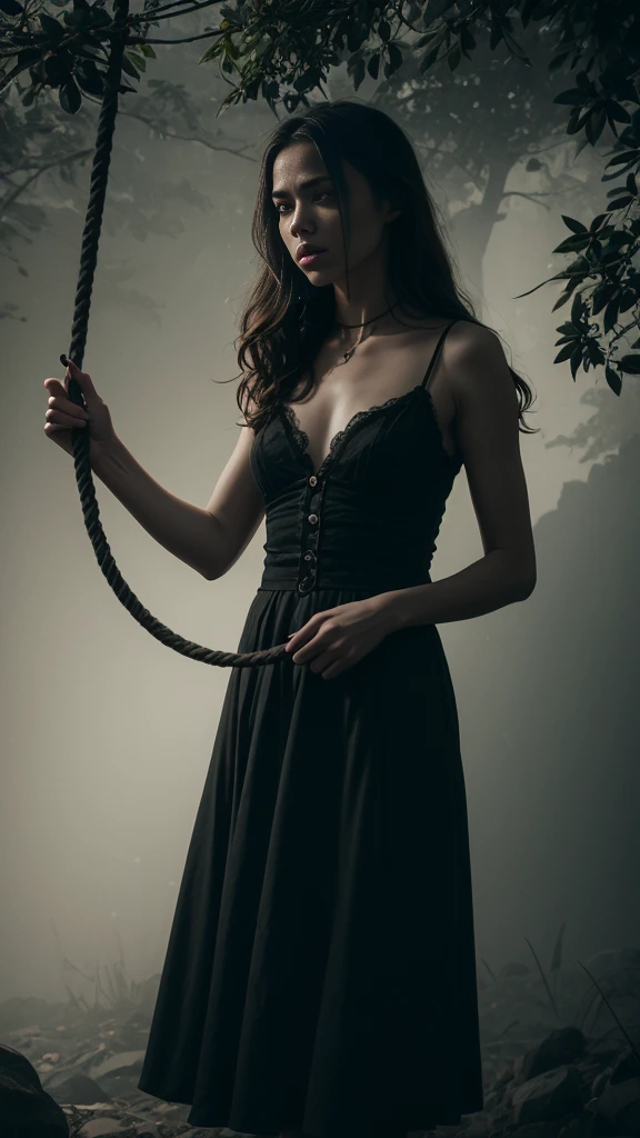 A haunting masterpiece, of unparalleled quality, showcasing a tragic scene of a age girl hanging from a tree. The rope around her neck, reminiscent of a hangman's noose, is rendered in exquisite detail, a testament to the artist's skill. The atmosphere is horrific, laden with sadness and a profound sense of melancholy. The girl's torn clothing is rendered with vibrant colors, contrasting starkly with the somber scene.

The dramatic lighting, inspired by chiaroscuro, creates a cinematic atmosphere, with deep shadows and highlights that evoke a moody, gritty, and dark gothic ambiance. [The character is surrounded by mist, evoking a mysterious and eerie atmosphere. The lighting is dark and atmospheric, with a red smoke adding a touch of sinister ambiance. The image is of the best quality, with a resolution of 4k and HDR enhancement, showcasing the utmost level of detail and realism, sfw, full body shot.]. [8K, Best Quality, Masterpiece, Ultra High Resolution, (highly detailed CG unity 8k wallpaper), (best photo), (best shadows), isometric 3D, octane rendering, ray tracing, highly detailed, (Best quality, 4K, 8k, A high resolution, masterpiece:1.2), absurdity, masterpiece, ultra detailed, (realistic, photorealistic, photorealistic:1.37), complex parts, HDR, (complex parts:1.12), (hyper detailed, hyper realistic, Soft lighting, spicy:1.2), (complex parts, Hyper detailed:1.15). Blurred foreground. (backlit), realistic, masterpiece, high quality, brightness, chromatic aberration, 8k uhd, some smoke, shadows, contrast, clear sky, (warm hue, warm tone), high details, natural reflections]. 
