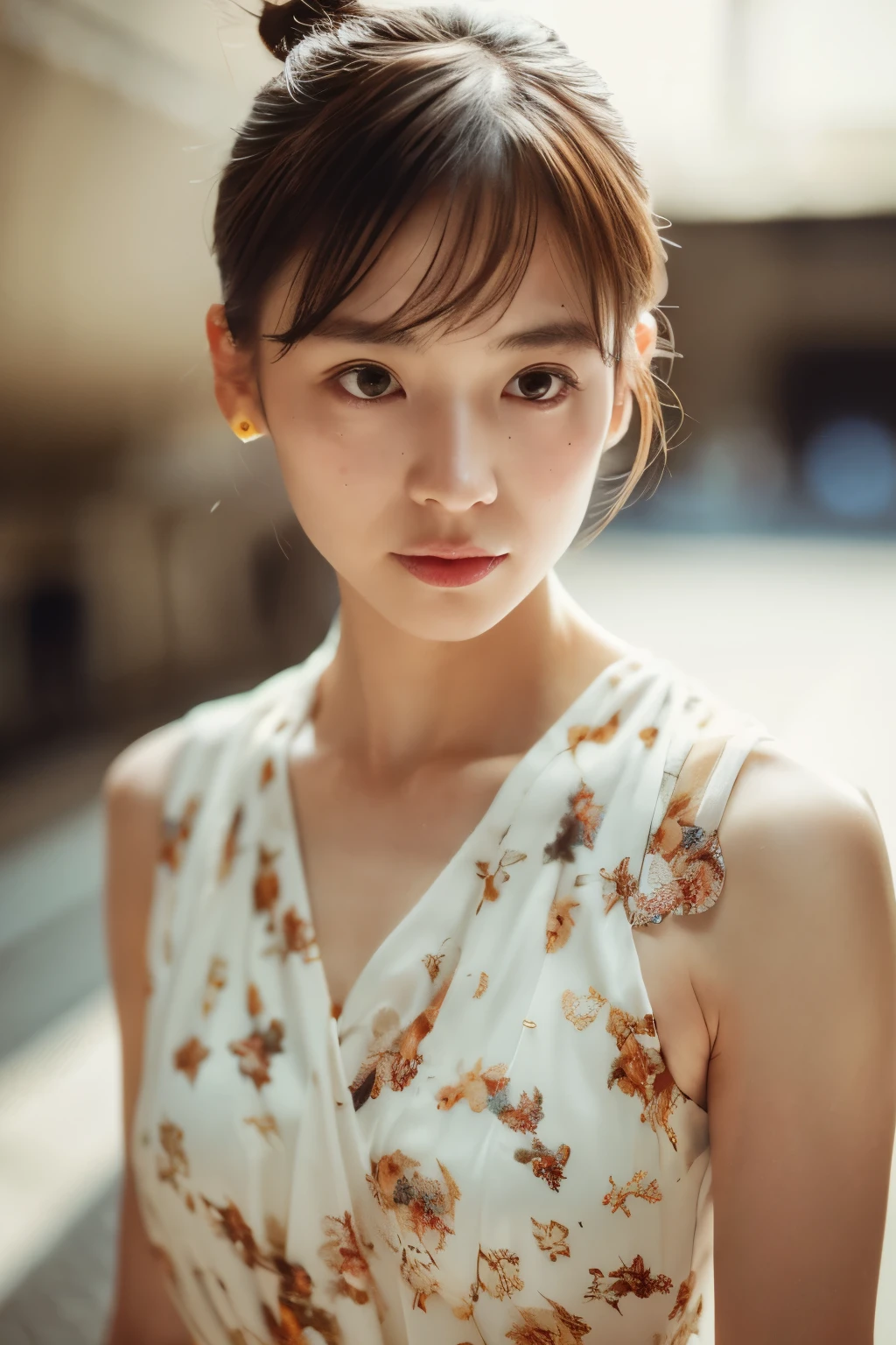 photoshoot by deborahWolf1, A skinny Japanese woman, (brown hair), (hair with elegant bun), cute face, detailed face, detailed eyes, detailed skin texture, (blush:0.2), (goosebumps:0.3), (White floral dress), underground scattering, Photorealistic, Hyperrealistic, hyperdetailed, analog style , tilted hip, demure, detailed skin, matte skin, soft lighting, subterranean scattering, realistic, heavy shadow, artwork, Best quality, ultra realistic, 8k, golden ratio, intricate, high detail, film photography, soft focus, stem, (({full|upper} body photo))