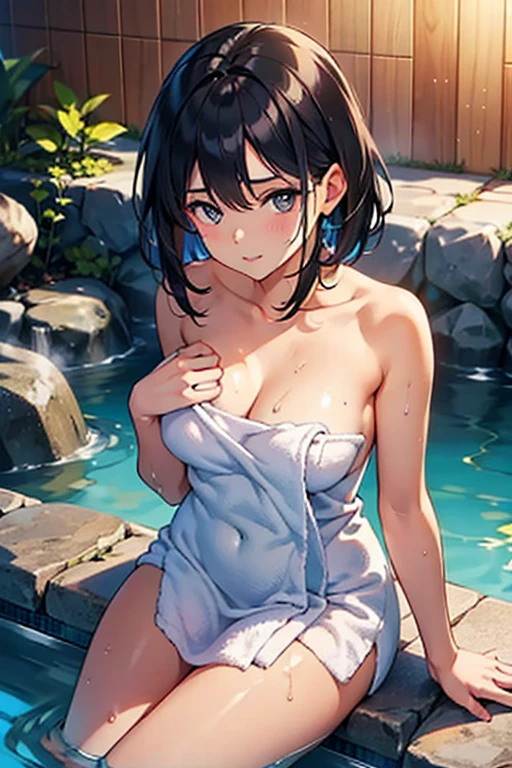 bathroom,take a bate,women,one preson,medium hair,black hair,beautiful,sitting, (immerse herself in the hot spring water up to her chest),naked towel,white towel