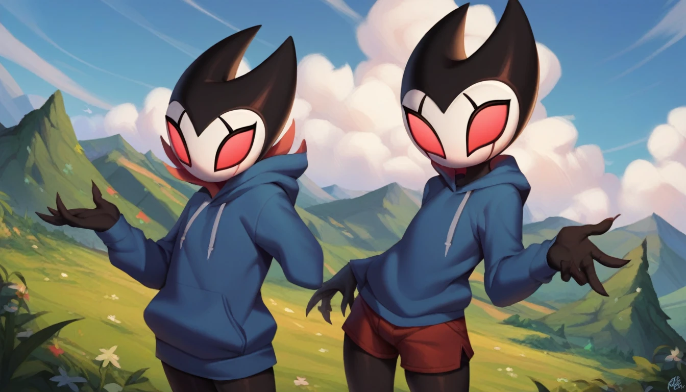 score_9, score_8_up, score_7_up, score_6_up, zPDXL2, grimm \(hollow knight\), vampire, bat, 1boy, solo, cute face, detailed eyes, anthro, landscape, highlight thighs, blue hooded sweatshirt, outdoor, In the woods, looking at the viewer, shorts with leggings, (portrait:1.2), (dynamic poses)