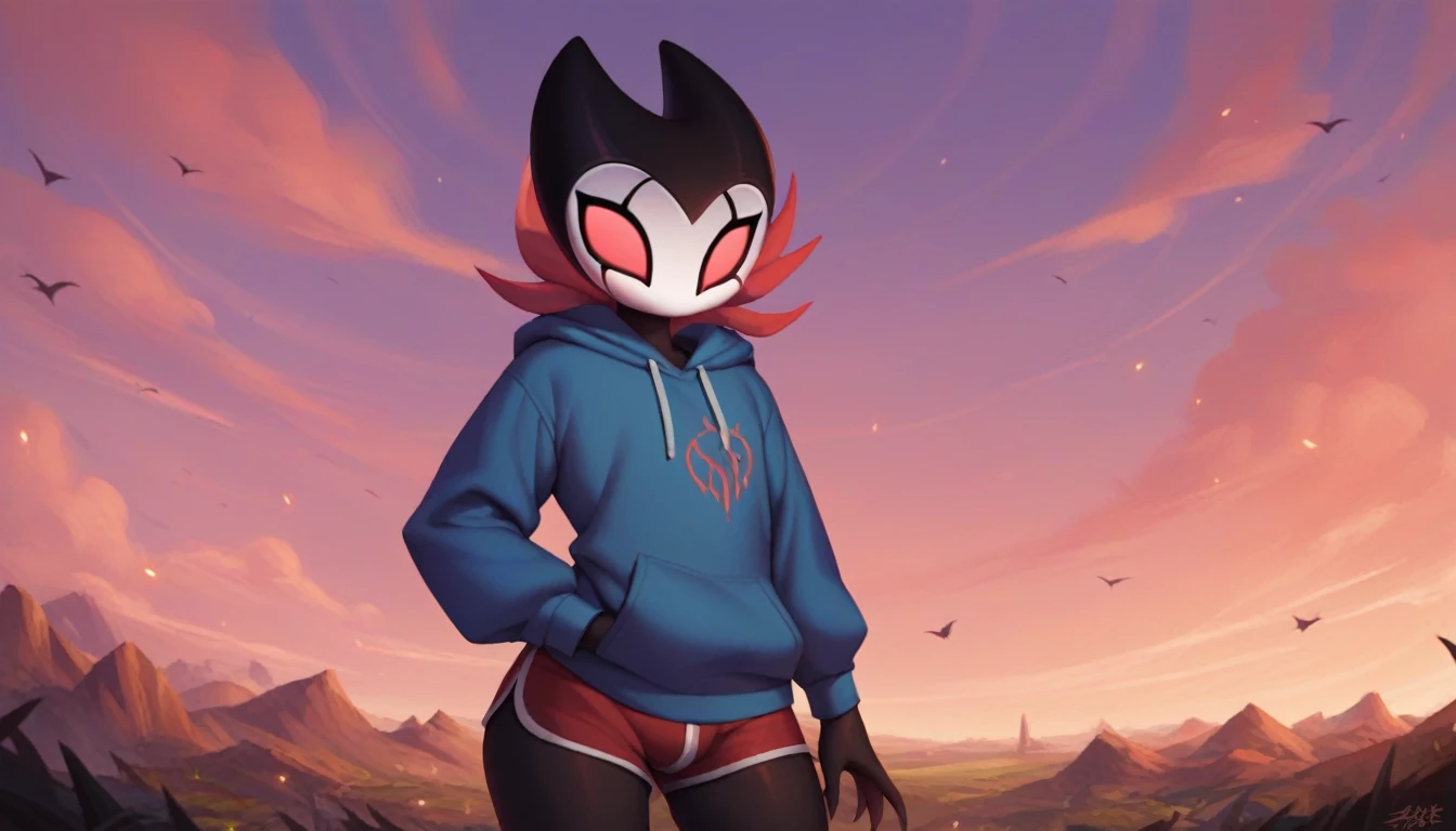 score_9, score_8_up, score_7_up, score_6_up, zPDXL2, grimm \(hollow knight\), vampire, bat, 1boy, solo, cute face, detailed eyes, anthro, landscape, highlight thighs, blue hooded sweatshirt, outdoor, In the woods, looking at the viewer, shorts with leggings, (portrait:1.2), (dynamic poses)