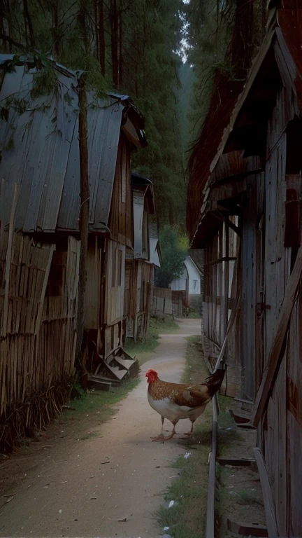Many chickens are walking along the road near a small hut., Tarkovsky's scene, From a scene in a movie, A scene from the 1973 film, high resolution film still, The most beautiful scene, Color video, 1910, 1 9 1 0, * * *, Movie screencaps, Widescreen screenshots of the movie, Movie screenshots, Oz, Film Shots
