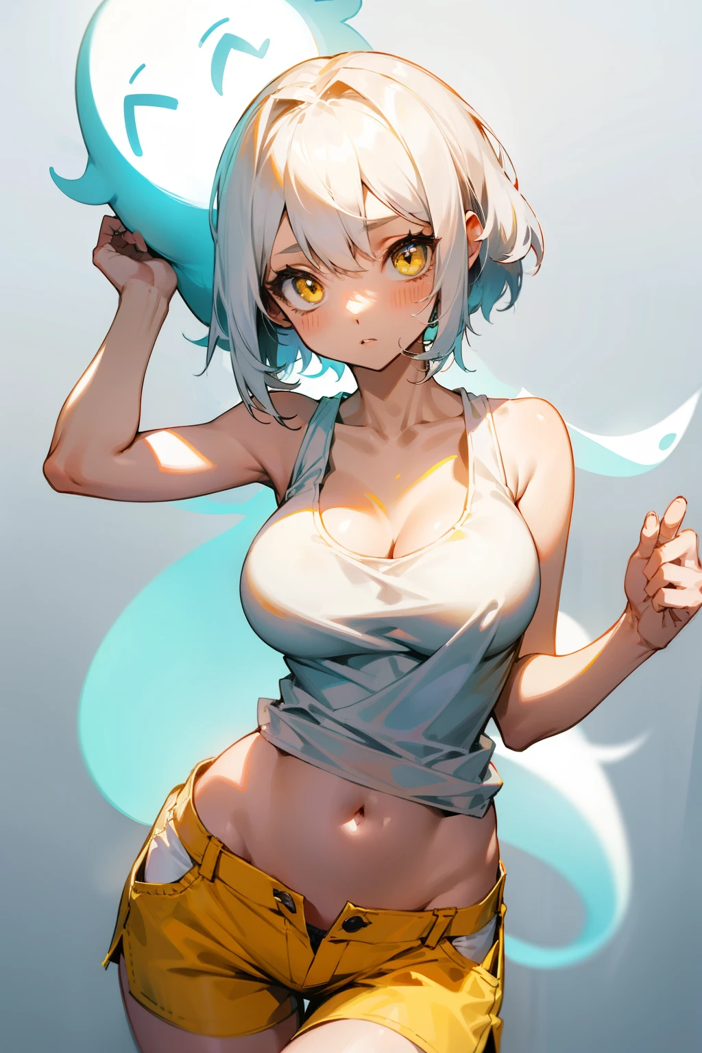 Cute girl, short gray hair, yellow eyes, smile, white tank top, big breasts, exposed stomach, short pants,