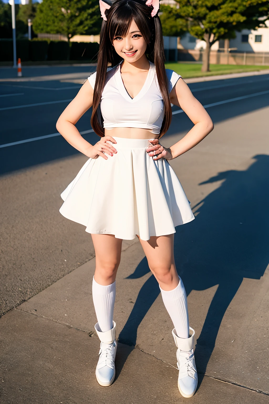 Standing in an empty schoolyard、Cosplay of anime characters、Dragon Ball No. 18、Japanese、young woman、Cute face、Full body portrait、miling