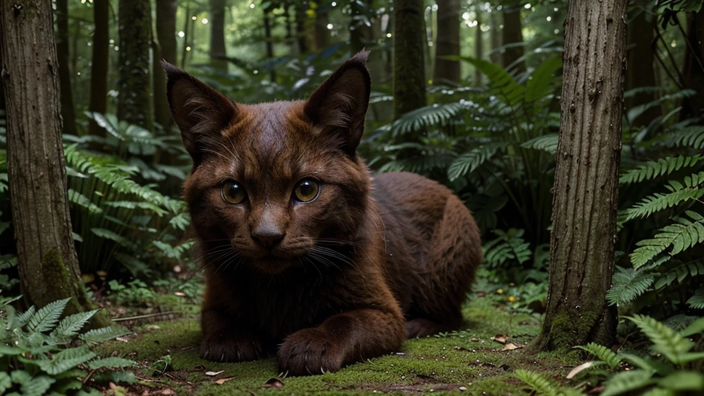 A captivating close-up photograph of a cute mystical forest creature with a lush, dark orange furry exterior, exuding curiosity and concern. The creature's mesmerizing bright eyes are framed by delicate fur, while its tiny paws grip the soft moss beneath it. The background is a lush, verdant tapestry of foliage, with dense ferns and vibrant green vegetation surrounding the creature. The damp, enchanting atmosphere is further accentuated by the rich hues of green, highlighting the intricate beauty and complexity of nature.