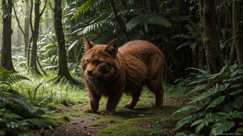 A captivating close-up photograph of a cute mystical forest creature with a lush, dark orange furry exterior, exuding curiosity and concern. The creature's mesmerizing bright eyes are framed by delicate fur, while its tiny paws grip the soft moss beneath it. The background is a lush, verdant tapestry of foliage, with dense ferns and vibrant green vegetation surrounding the creature. The damp, enchanting atmosphere is further accentuated by the rich hues of green, highlighting the intricate beauty and complexity of nature.