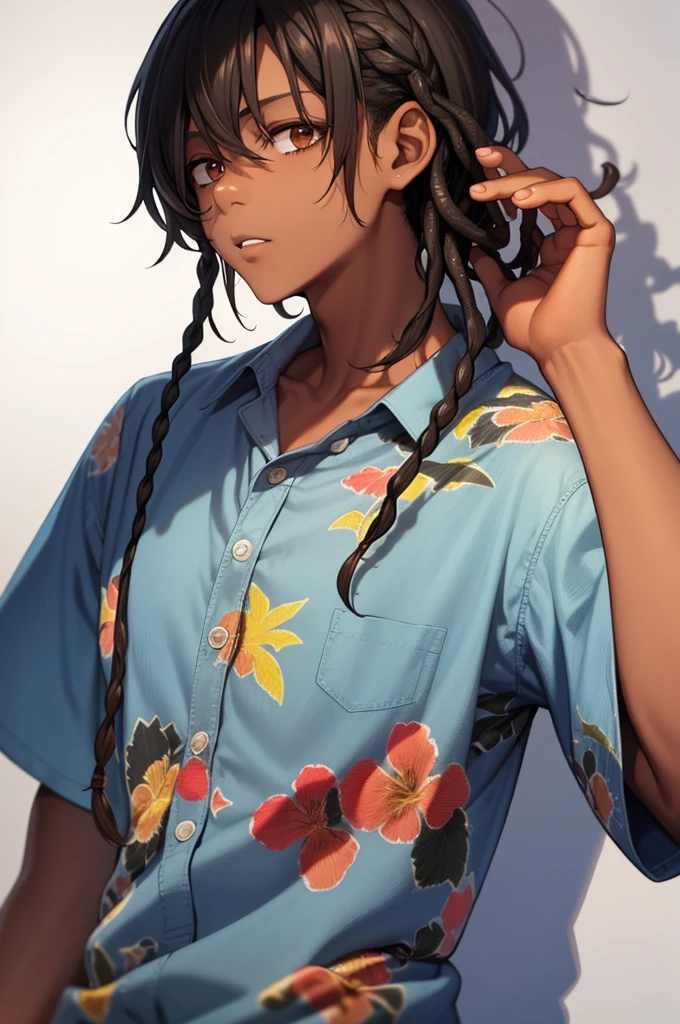 1boy, solo, blunt in hand, hawaiin shirt, brown skin color, messy look, (black hair), ((locs)), brown eyes, masterpiece, best quality, high quality, upper body, male focus,