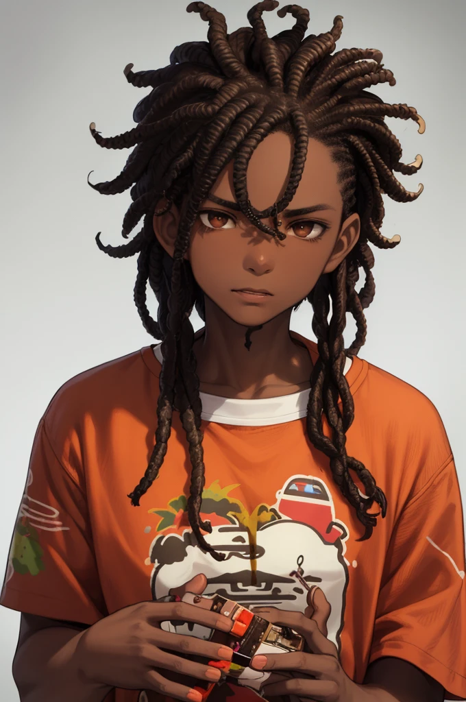 1boy, solo, blunt in hand, hawaiin shirt, brown skin color, messy look, (black hair), ((locs)), brown eyes, masterpiece, best quality, high quality, upper body, male focus,