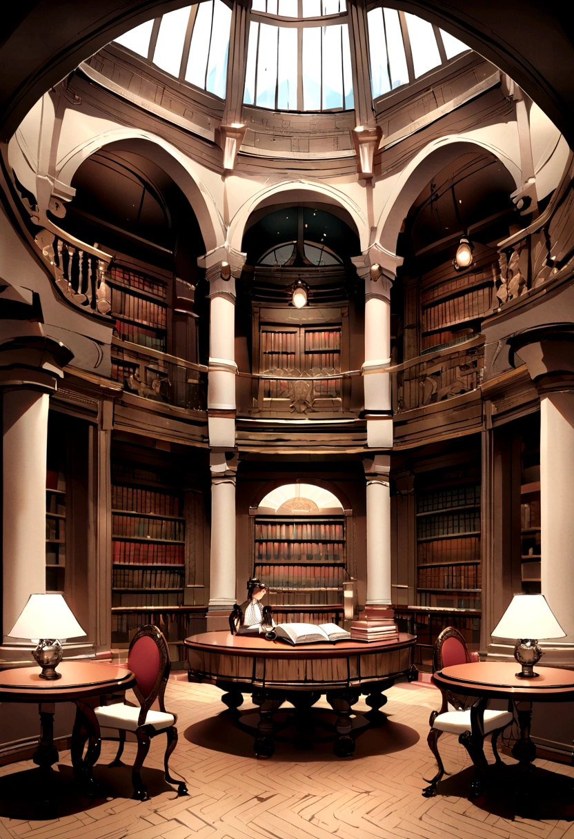 Outstanding，Inside the European style building，The background is a library.，There is a transparent window on the wall.，There are European style lamps on both sides.，There are escalators on the left and right.，There is a table in front.，There is an open book on the table., magic