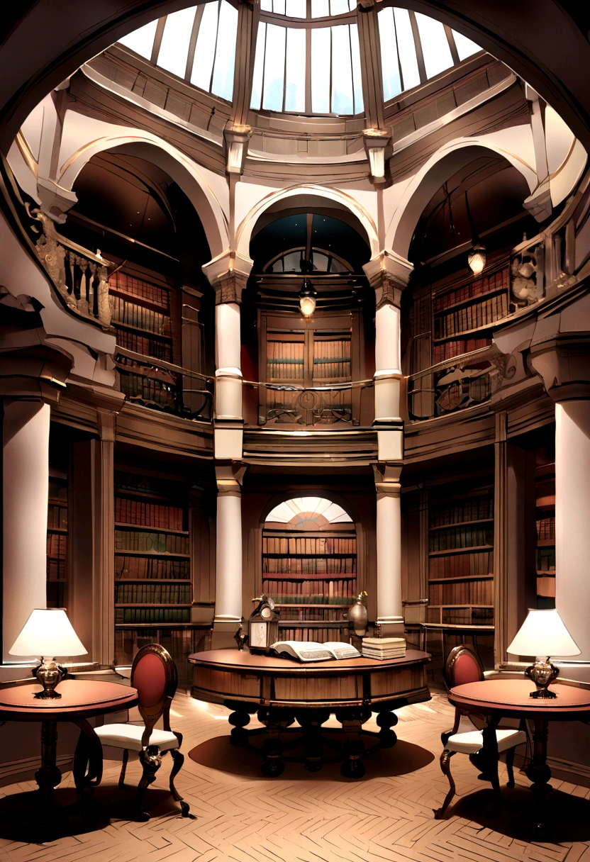 Outstanding,Inside the European style building,The background is a library.,There is a transparent window on the wall.,There are European style lamps on both sides.,There are escalators on the left and right.,There is a table in front.,There is an open book on the table., magic