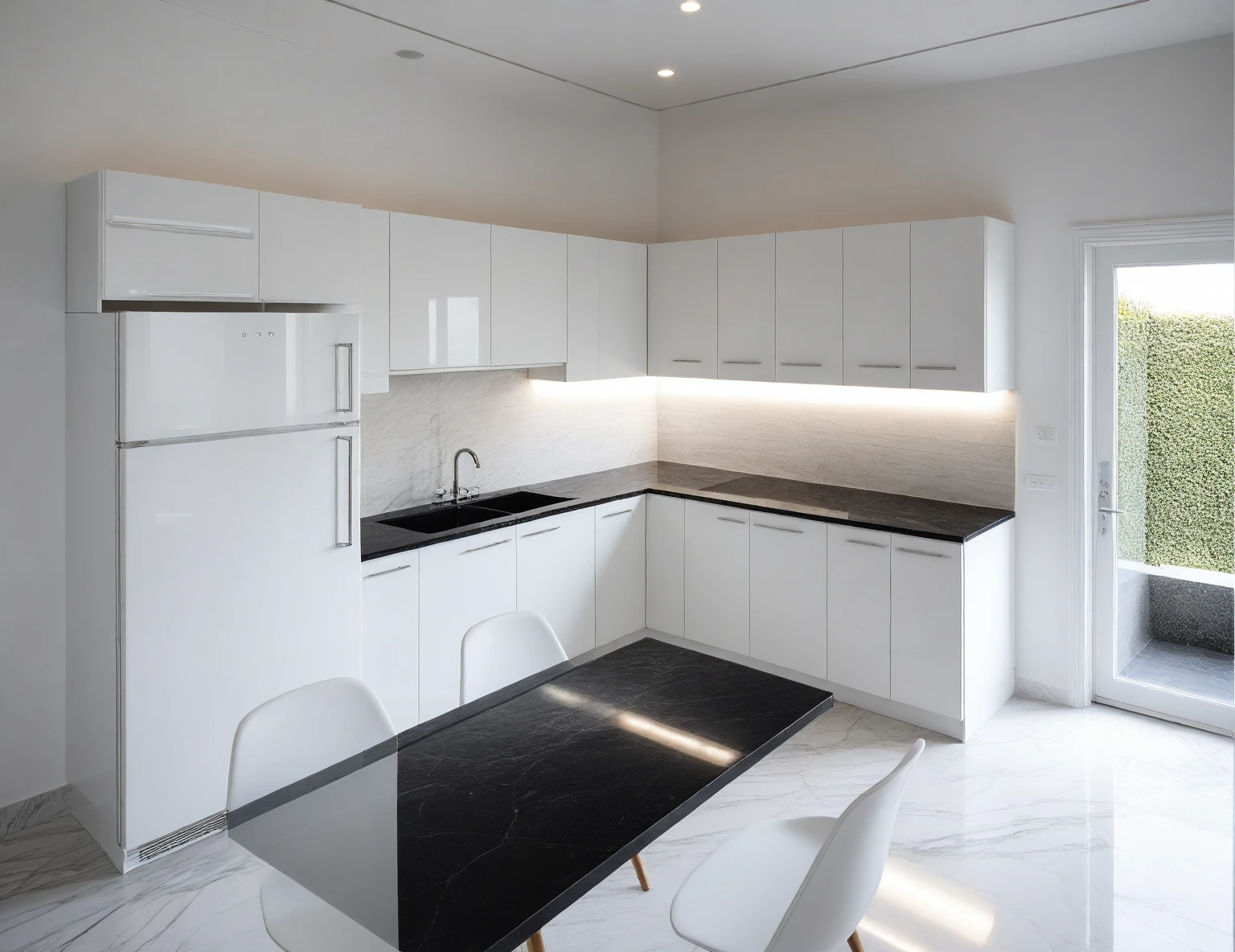 Raw photo,Masterpiece, high quality, best quality, authentic, super detail,
indoors, interior , ((kitchen and dining :1.3)), modern style, daylight, (WHITE WALL),luxury, marble tile floor, fridge, black stone counter top
