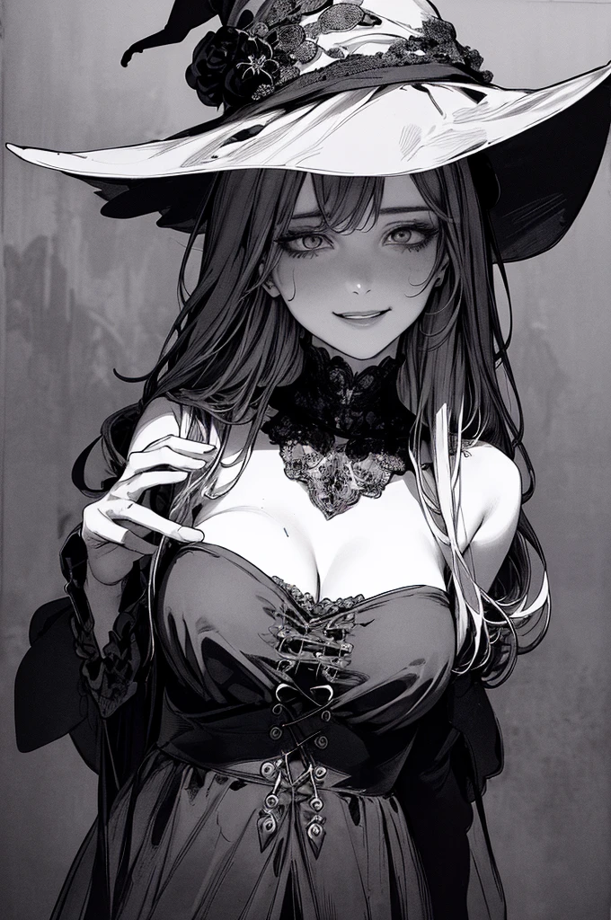 Best Quality, (Background detail), High Contrast, Superb Beauty, Detailed Original Illustration, Sensual, , Witch, Witch Hat, Black Robes, Delicate Face, Charming, Bad Girl, Sexy, Real Breasts, Crazy Smile, Crazy Eyes, Black background, (Black background: 1. 5), Beautiful line drawing, Monochrome