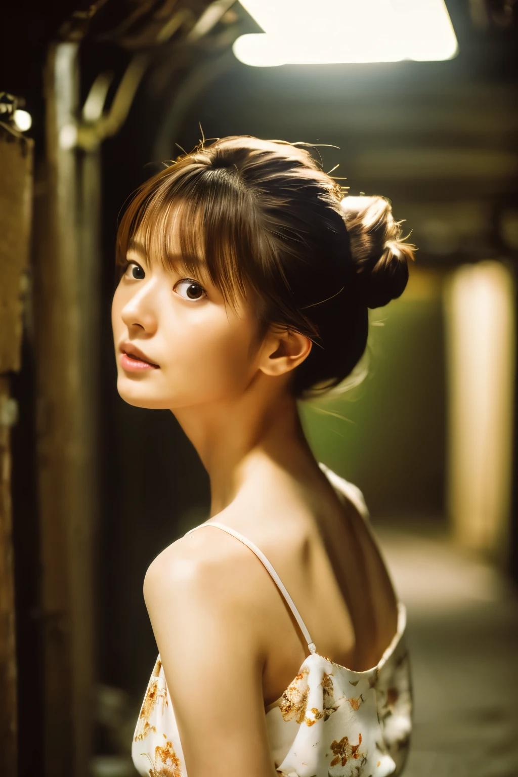 photoshoot by deborahWolf1, A skinny Japanese woman, (brown hair), (hair with elegant bun), cute face, detailed face, detailed eyes, detailed skin texture, (blush:0.2), (goosebumps:0.3), (White floral dress), underground scattering, Photorealistic, Hyperrealistic, hyperdetailed, analog style , tilted hip, demure, detailed skin, matte skin, soft lighting, subterranean scattering, realistic, heavy shadow, artwork, Best quality, ultra realistic, 8k, golden ratio, intricate, high detail, film photography, soft focus, stem, (({full|upper} body photo))