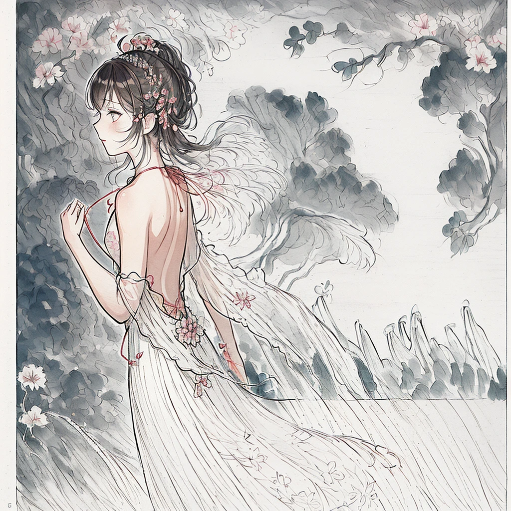 (((masterpiece))),(((best quality))),((Extremely detailed)), ((illustration)),floating, ((Extremely delicate and beautiful)),(Beautiful and delicate eyes),((Messy hair)), (),(sketch), 1 Girl, small_breast,((neck)),(((Back))),(looking Back), blush,Suspender dress, Elongated hair,Backless dress