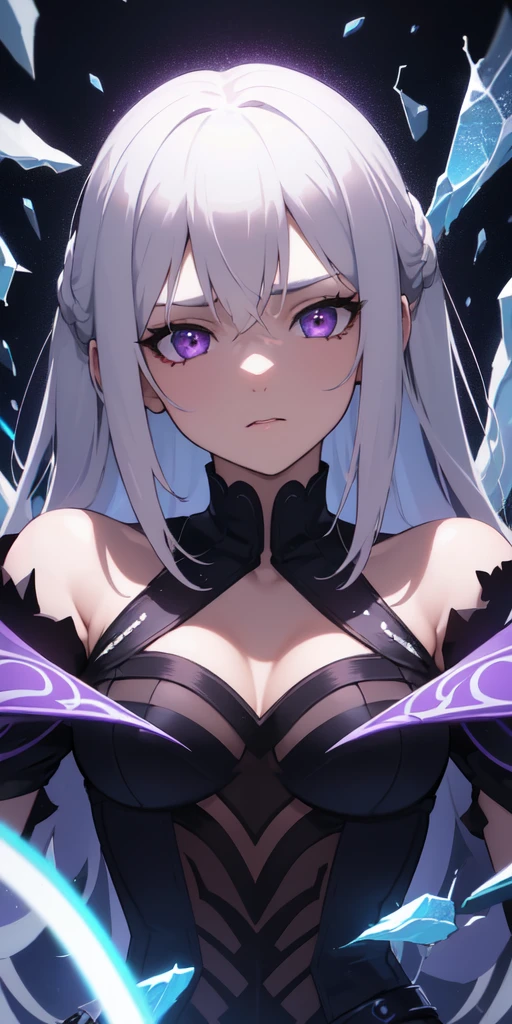 (masterpiece, best quality, ultra-detailed, best shadow), (detailed background,dark fantasy), (beautiful detailed face), high contrast, (best illumination, an extremely delicate and beautiful), ((cinematic light)), colorful, hyper detail, dramatic light, intricate details, (1girl, solo,white hair, sharp face,purple eyes, hair between eyes,dynamic angle), blood splatter, swirling black light around the character, depth of field,black light particles,(broken glass),magic circle,