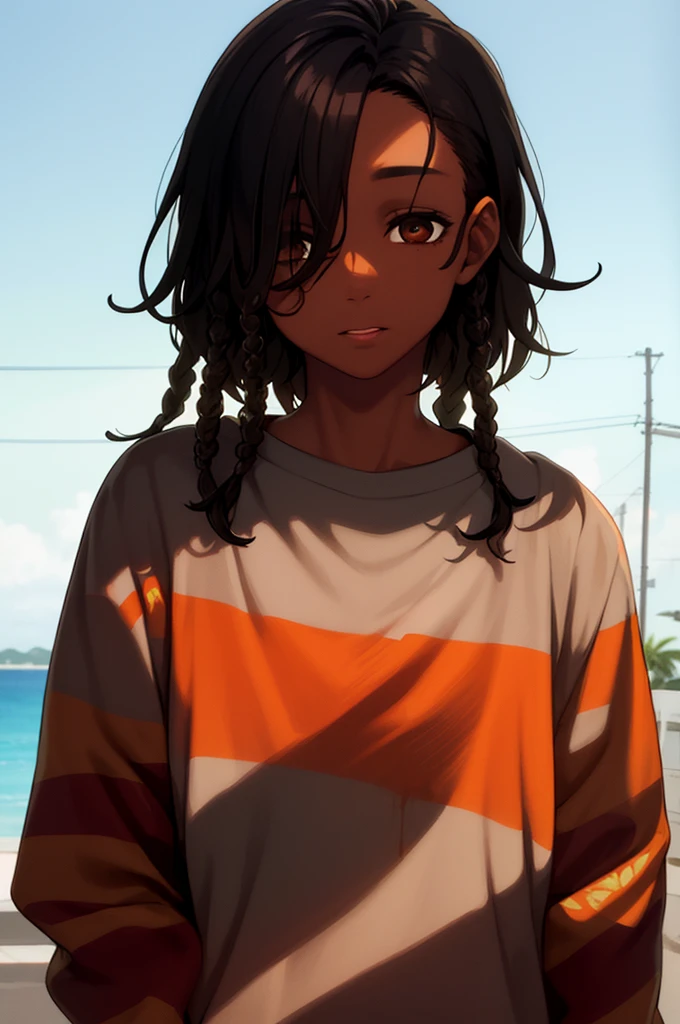 1boy, solo, blunt in hand, hawaiin shirt, brown skin color, messy look, (black hair), ((locs)), brown eyes, masterpiece, best quality, high quality, upper body, male focus,