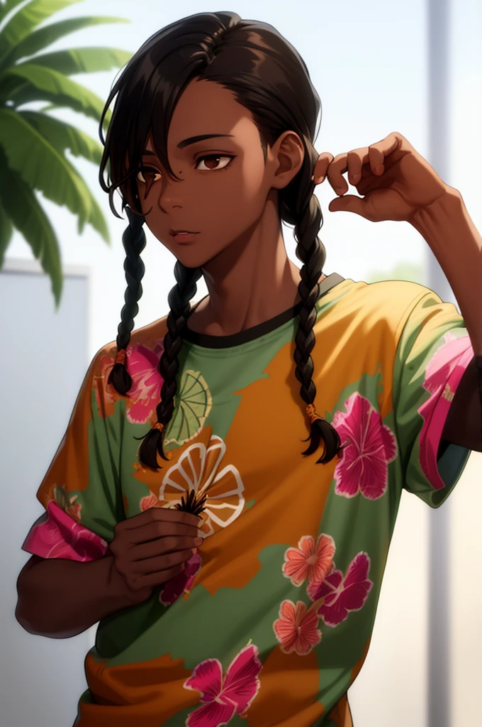 1boy, solo, blunt in hand, hawaiin shirt, brown skin color, messy look, (black hair), ((locs)), brown eyes, masterpiece, best quality, high quality, upper body, male focus,