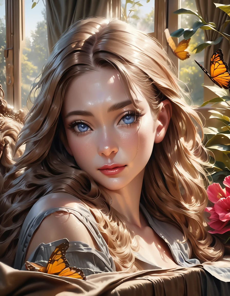 (Highest quality,4K,8K,High resolution,masterpiece:1.2),Super detailed,(Realistic,photoRealistic,photo-Realistic:1.37),Beautiful attention to detail,Beautiful lip detail,Highly detailed blue eyes and face,Long eyelashes,Flowing Hair,Garden view,Colorful flowers,Butterflies are flying,Soft lighting,Rich colors,Moderate: Oil, High nose,  