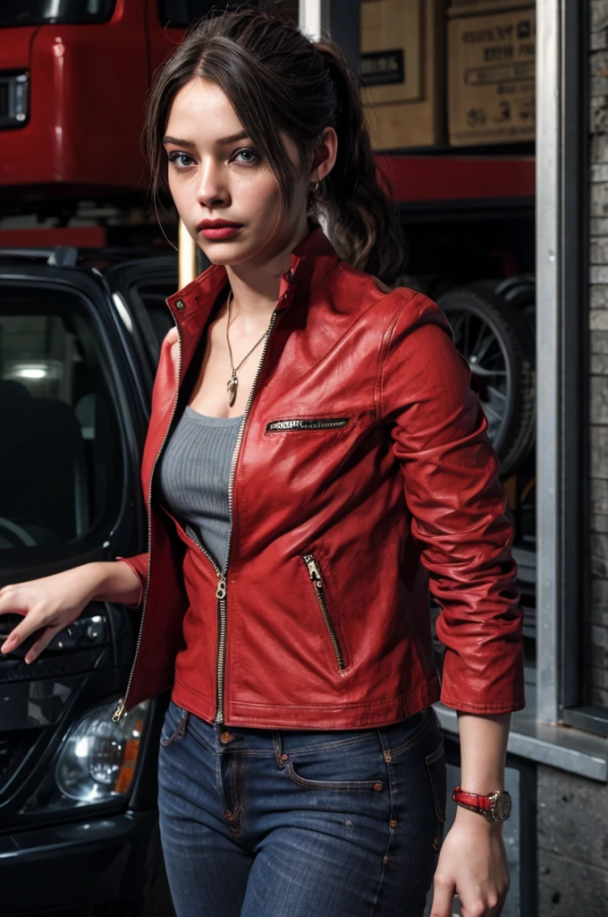1girl, (realistic),(hyperrealism),(best quality),(masterpiece),(ultra high res),(photorealistic),idol,eye makeup,detailed eyes,detailed face,black dress, claireredfield2, brown hair, (red jacket:1.2), ponytail, (denim pants:1.3), red wristband