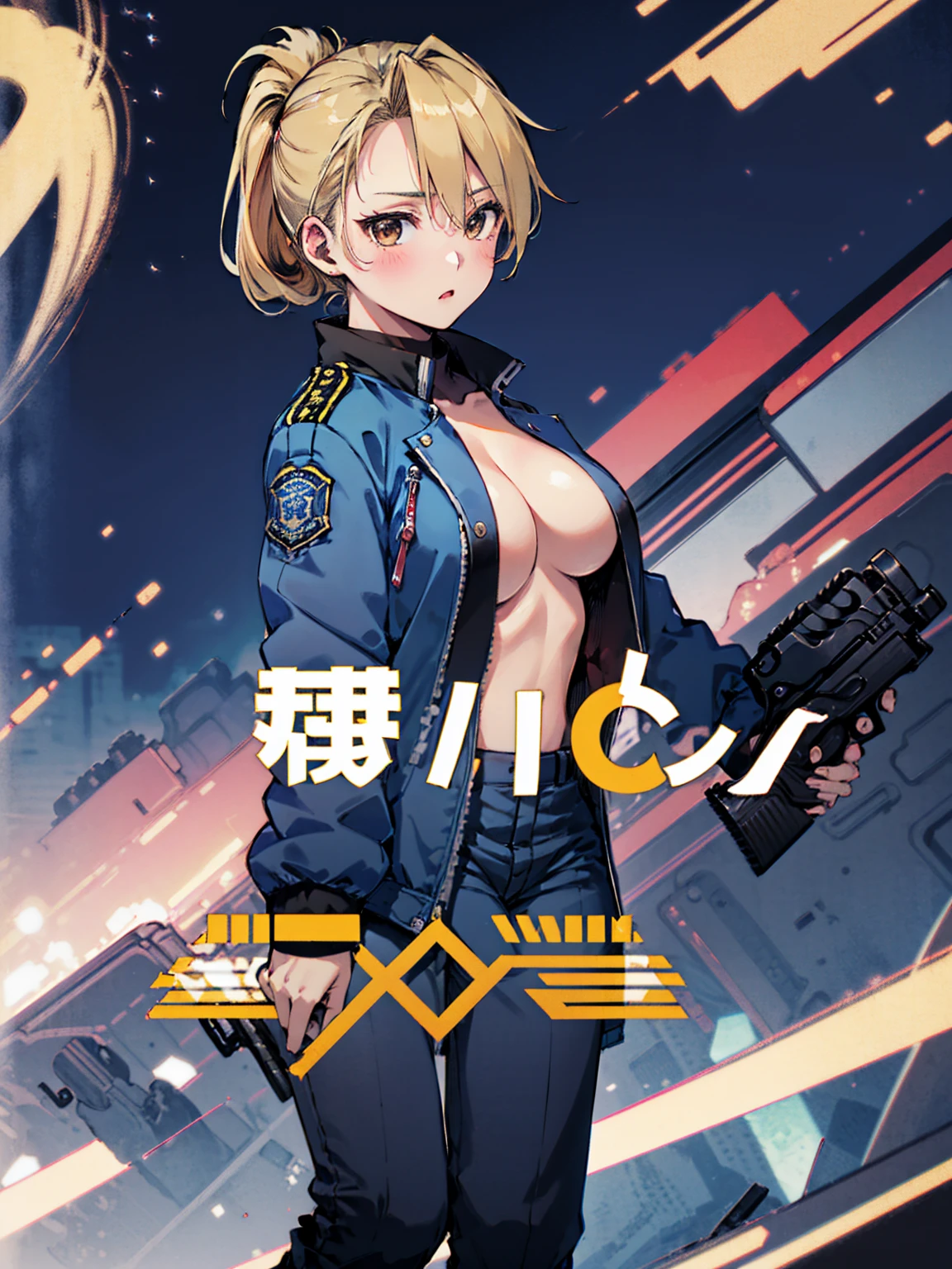masterpiece, Highest quality, High resolution, One girl, (Blue jacketの下にBlack innerwearを着ている), Folded ponytail, Brown eyes, , uniform, Blue jacket, Blue pants, ,Big Breasts, Black innerwear, blush, Ready your gun?