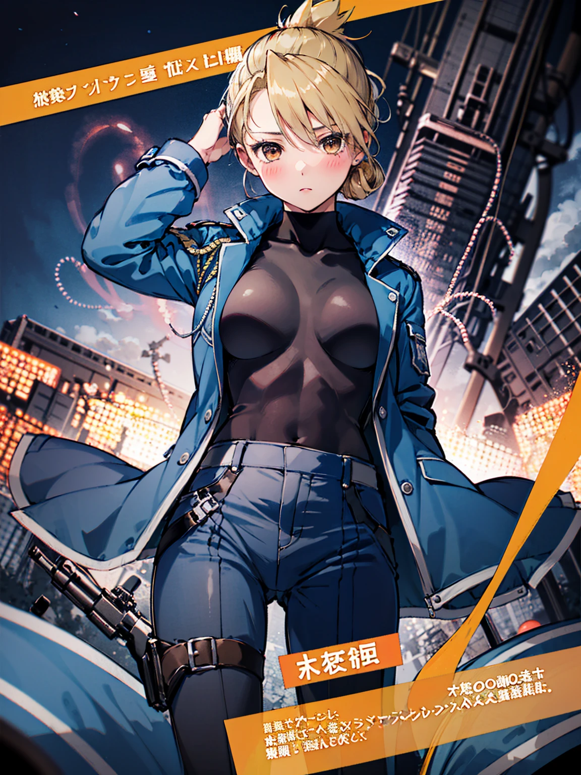 masterpiece, Highest quality, High resolution, One girl, (Blue jacketの下にBlack innerwearを着ている), Folded ponytail, Brown eyes, , uniform, Blue jacket, Blue pants, ,Big Breasts, Black innerwear, blush, Ready your gun?